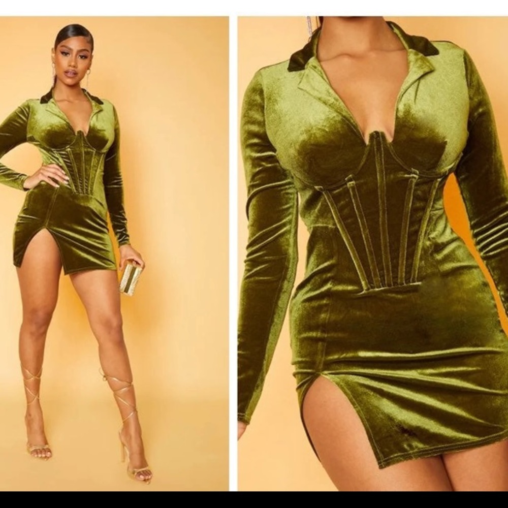PrettyLittleThing Olive Green Velvet Corset Detail Bodycon Dress